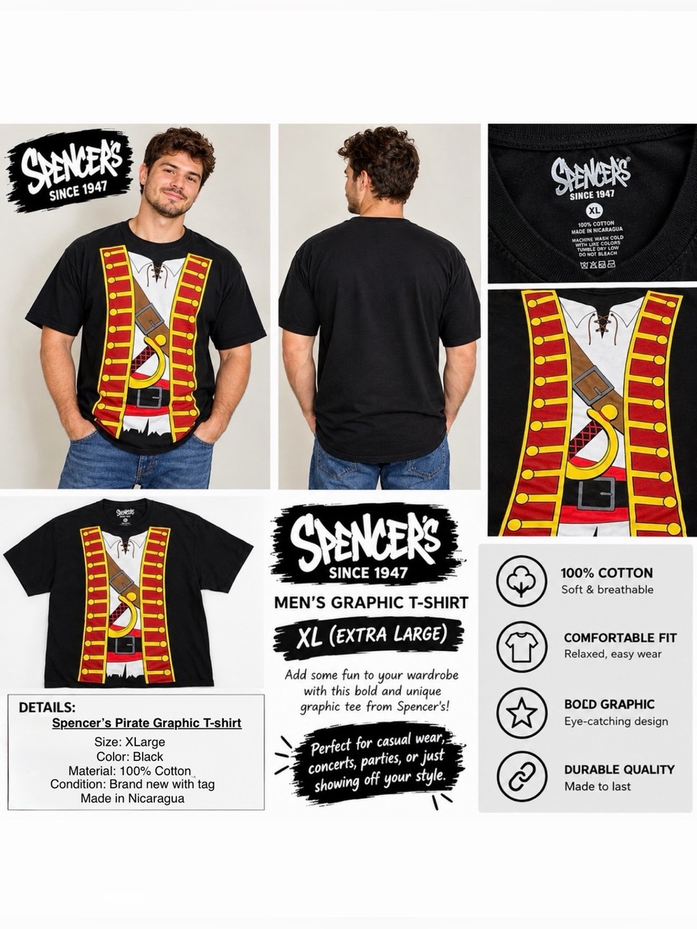 *new* Spencer's Men's Pirate Graphic T-Shirt XL Black Cotton